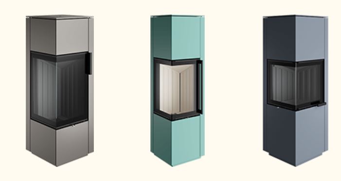 Drei eckige Kaminöfen mit Eckverglasung in Grau, Mint und Blau-Grau – klare, kantige Bauform.