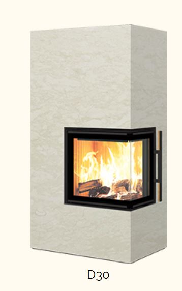 Kaminofen D30 in heller Steinverkleidung, Eckscheibe rechts, sichtbares Feuer