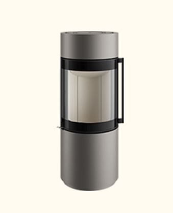 Kaminofen Spartherm Passo XS Perle Grauer, runder Kaminofen mit breiter Panoramascheibe für 180°-Blick auf die Flammen