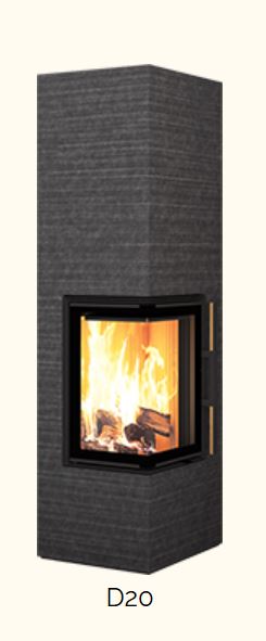 Kaminofen D20 in dunkelgrauem Stein, zweiseitige Eckscheibe mit Feuer.