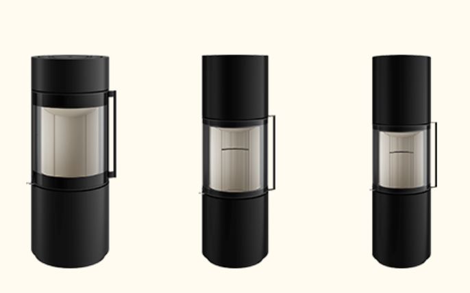 Drei schwarze, hohe Rundöfen mit großer Panoramascheibe und langem Griff – puristisches Design